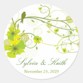 Pegatina Redonda Boda Floral Verde Hibiscus Swirls