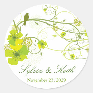 Pegatina Redonda Boda Floral Verde Hibiscus Swirls