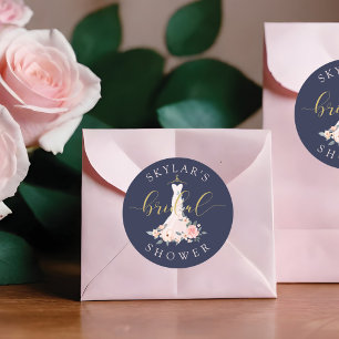 Pegatina Redonda Boda floral Vestido de la Marina Ducha Bridal