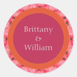 Pegatina Redonda Boda Floral Vibrante Rosa y Naranja Moderno
