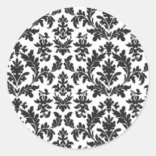 Pegatina Redonda Boda Floral Vintage Damasco Negro Y Blanco