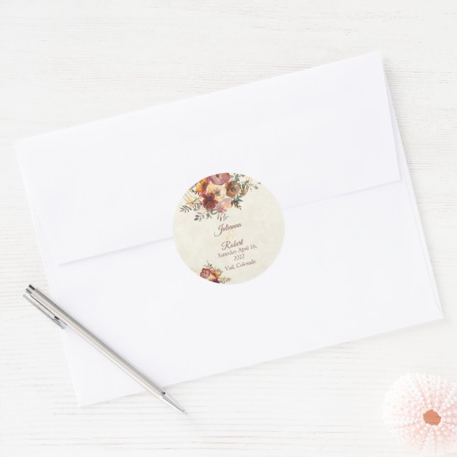 Pegatina Redonda Boda floral y de oro de otoño (Sobre)