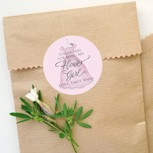 Pegatina Redonda Boda Flower Girl Gracias Vestido Rosa