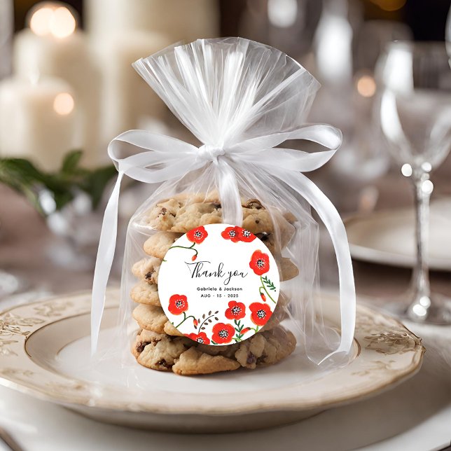 Pegatina Redonda Boda Flowers Red Poppies (Flowers Red Poppies wedding Classic Round Sticker)