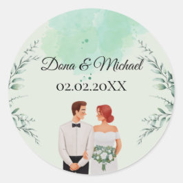 Pegatina Redonda Boda fluida con acuarela verde personalizada
