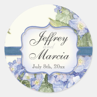 Pegatina Redonda Boda formal floral con soporte de hidrangea azul