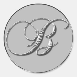 Pegatina Redonda Boda formal plateado Monograma B Invitación al sel