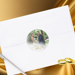 Pegatina Redonda Boda Foto Sencillos Anillos de Oro Gracias