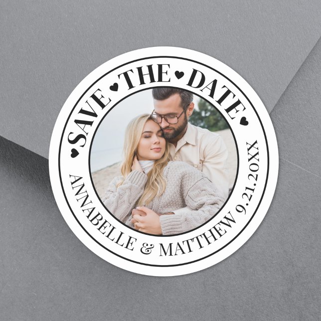 Pegatina Redonda Boda fotográfica Guardar la fecha (Photo Wedding Save The Date Classic Round Sticker)