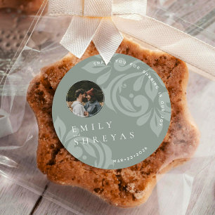 Pegatina Redonda Boda fotográfico de Olive Damask Classic Earthy