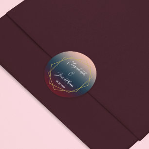 Pegatina Redonda Boda geométrica ombre de color burgundy, azul mari