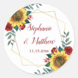 Pegatina Redonda Boda Geométrico Floral Rojo de girasoles