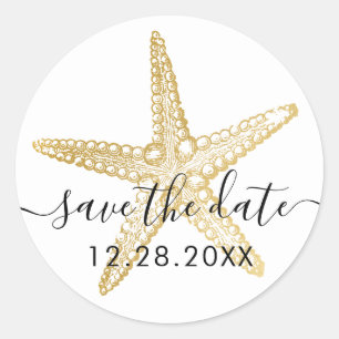 Pegatina Redonda Boda Gold Starfish Beach Save the Date Seal