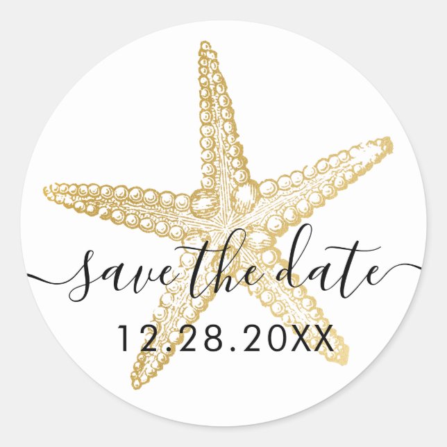 Pegatina Redonda Boda Gold Starfish Beach Save the Date Seal (Anverso)