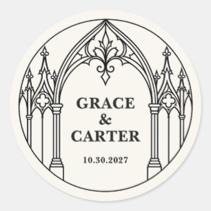 Pegatina Redonda Boda Gótica Medieval Personalizada en Blanco y Neg