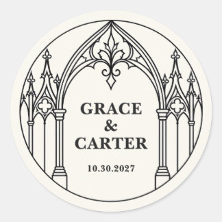 Pegatina Redonda Boda Gótica Medieval Personalizada en Blanco y Neg