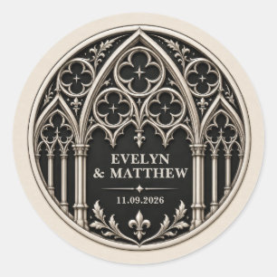 Pegatina Redonda Boda Gótica Personalizada en Blanco y Negro