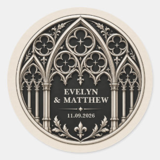 Pegatina Redonda Boda Gótica Personalizada en Blanco y Negro