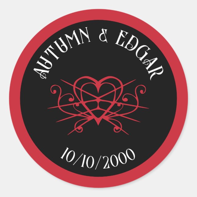 Pegatina Redonda Boda Gótica Rojo Negro (Anverso)