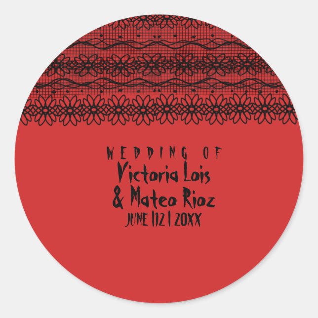 Pegatina Redonda Boda gótico encaje rojo negro (Anverso)