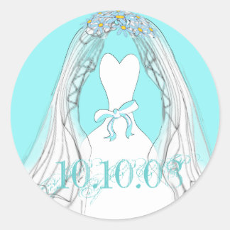 Pegatina Redonda Boda Gown y Veil Aqua y White