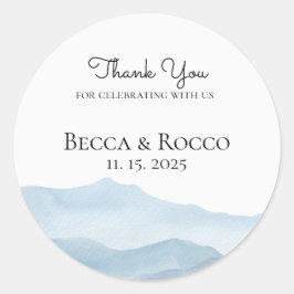 Pegatina Redonda Boda Gracias Azul Acuarela