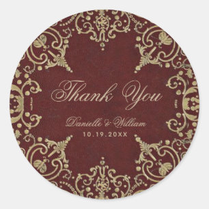 Pegatina Redonda Boda Gracias Borgoña Oro Elegante Vintage