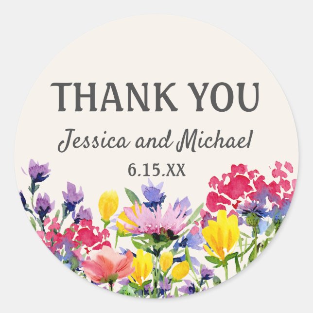 Pegatina Redonda Boda Gracias Floral acuarela (Anverso)