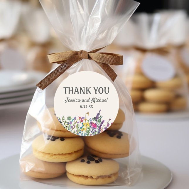 Pegatina Redonda Boda Gracias Floral acuarela (Watercolor wildflowers custom "Thank you" stickers)