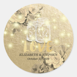 Pegatina Redonda Boda Gracias Floral Mason Jar String Lights