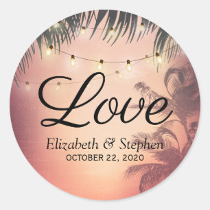 Pegatina Redonda Boda Gracias Palm Trees Luces de cuerdas de verano