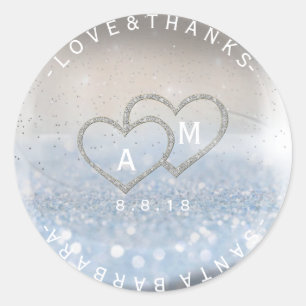 Pegatina Redonda Boda Gracias Purpurina Plata Monograma de Marfil A