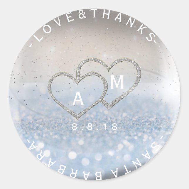 Pegatina Redonda Boda Gracias Purpurina Plata Monograma de Marfil A (Anverso)