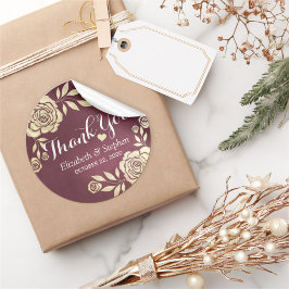 Pegatina Redonda Boda Gracias Rosas de oro modernos rojo borgoña