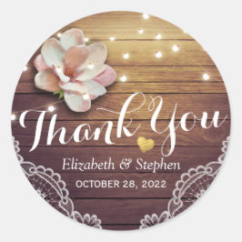 Pegatina Redonda Boda Gracias Rustic Wood Floral String Lights