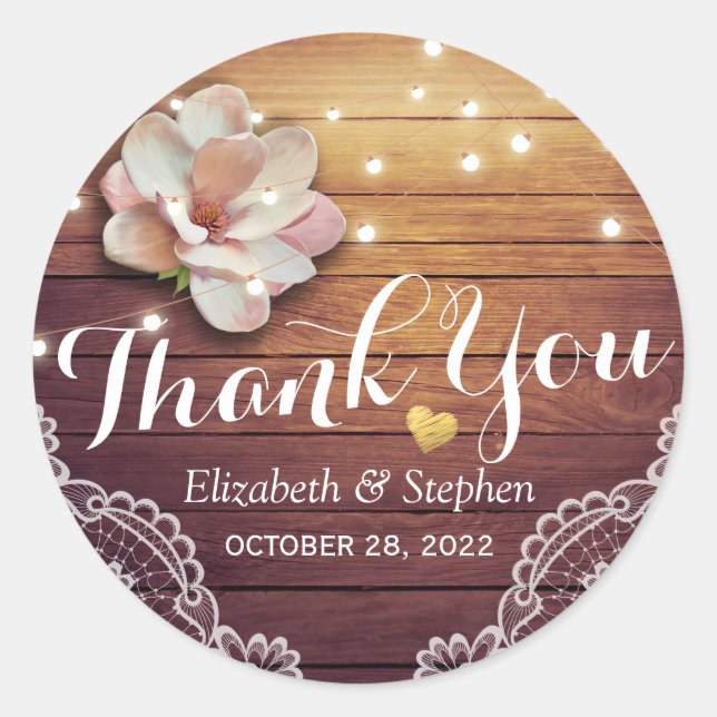 Pegatina Redonda Boda Gracias Rustic Wood Floral String Lights (Anverso)