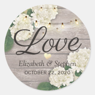 Pegatina Redonda Boda Gracias Rustic Wood Floral String Lights