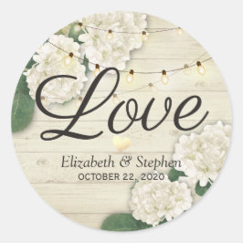 Pegatina Redonda Boda Gracias Rustic Wood Floral String Lights