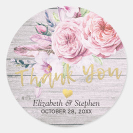 Pegatina Redonda Boda Gracias Watercolor Floral Rustic Wood
