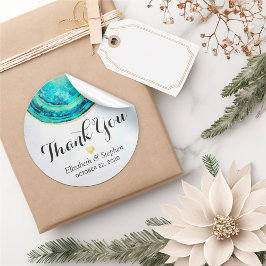 Pegatina Redonda Boda Gracias Watercolor Verde azulado Oro Agate Ge
