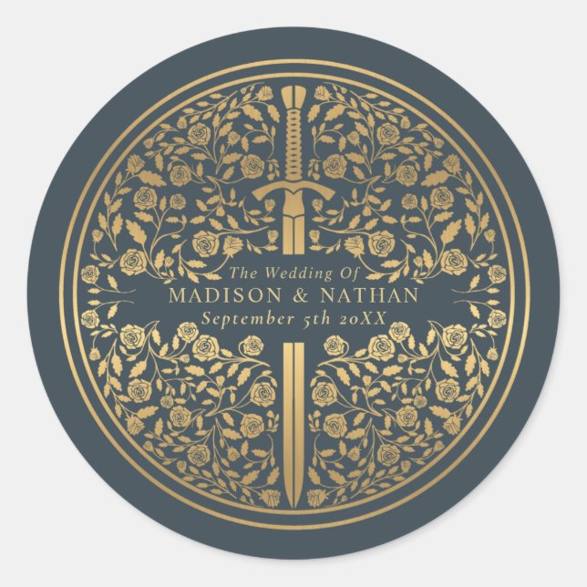 Pegatina Redonda Boda Gray Royal Medieval Sword (Anverso)