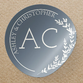 Pegatina Redonda Boda Gris de pizarra del marco del follaje moderno