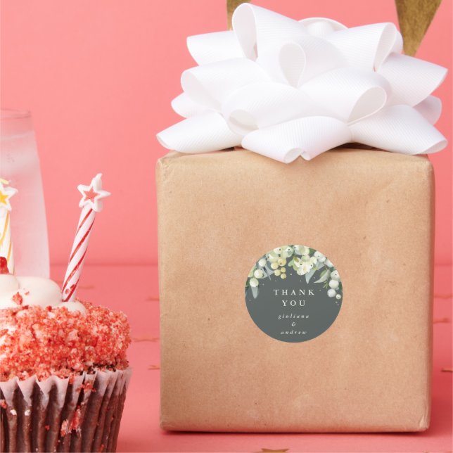 Pegatina Redonda Boda Gris Green Snowberry+Eucalyptus Gracias (Fiesta)