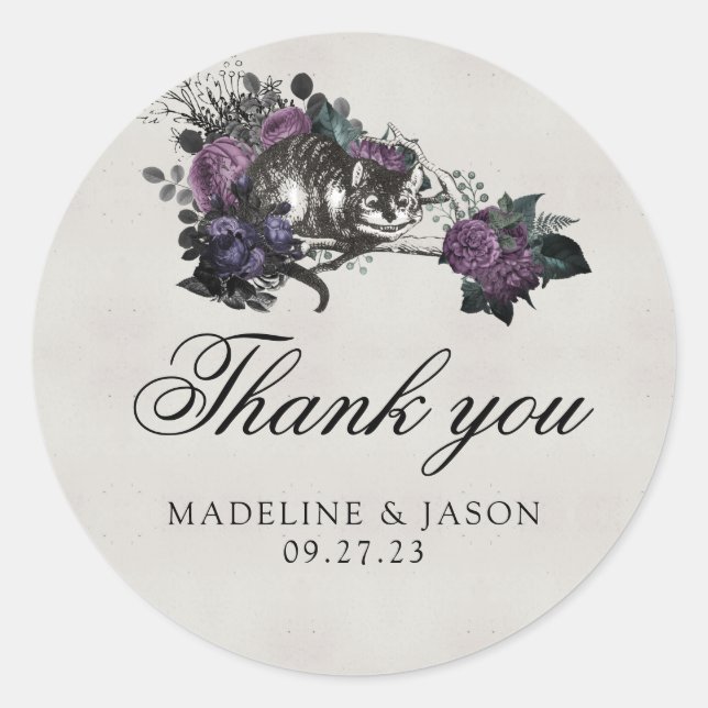 Pegatina Redonda Boda Gris Púrpura Vintage Floral (Anverso)