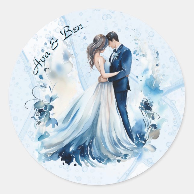 Pegatina Redonda Boda Groom y Duste Blue Alcohol Ink Bride (Anverso)