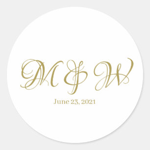 Pegatina Redonda Boda guión dorado monograma personalizado elegante