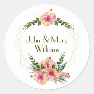 Pegatina Redonda Boda Hibiscus Frame On White