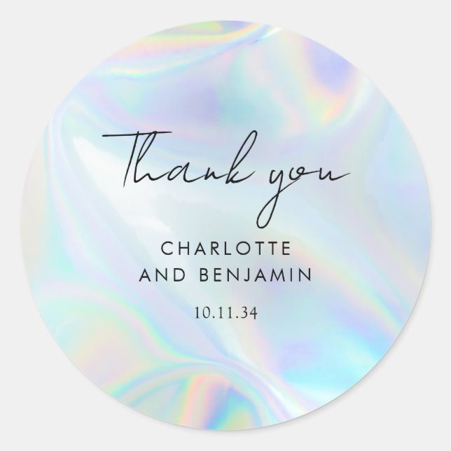 Pegatina Redonda Boda Holográfico de escritura moderna y Minimalist (Anverso)