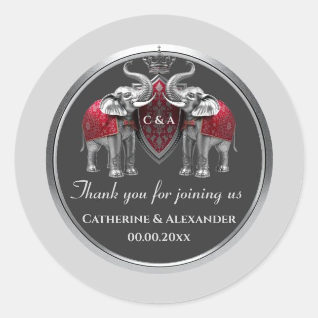 Pegatina Redonda Boda indio elefantes plateados corona real hindi (Anverso)