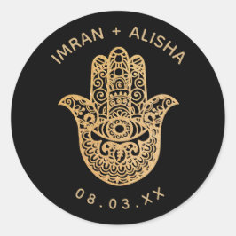 Pegatina Redonda Boda indio Gold Black hamsa Henna